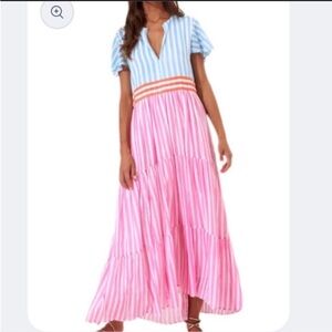 Oliphant Tuckernuck striped tiered Lined Flutter Sleeve Stripe maxi dress Sz l